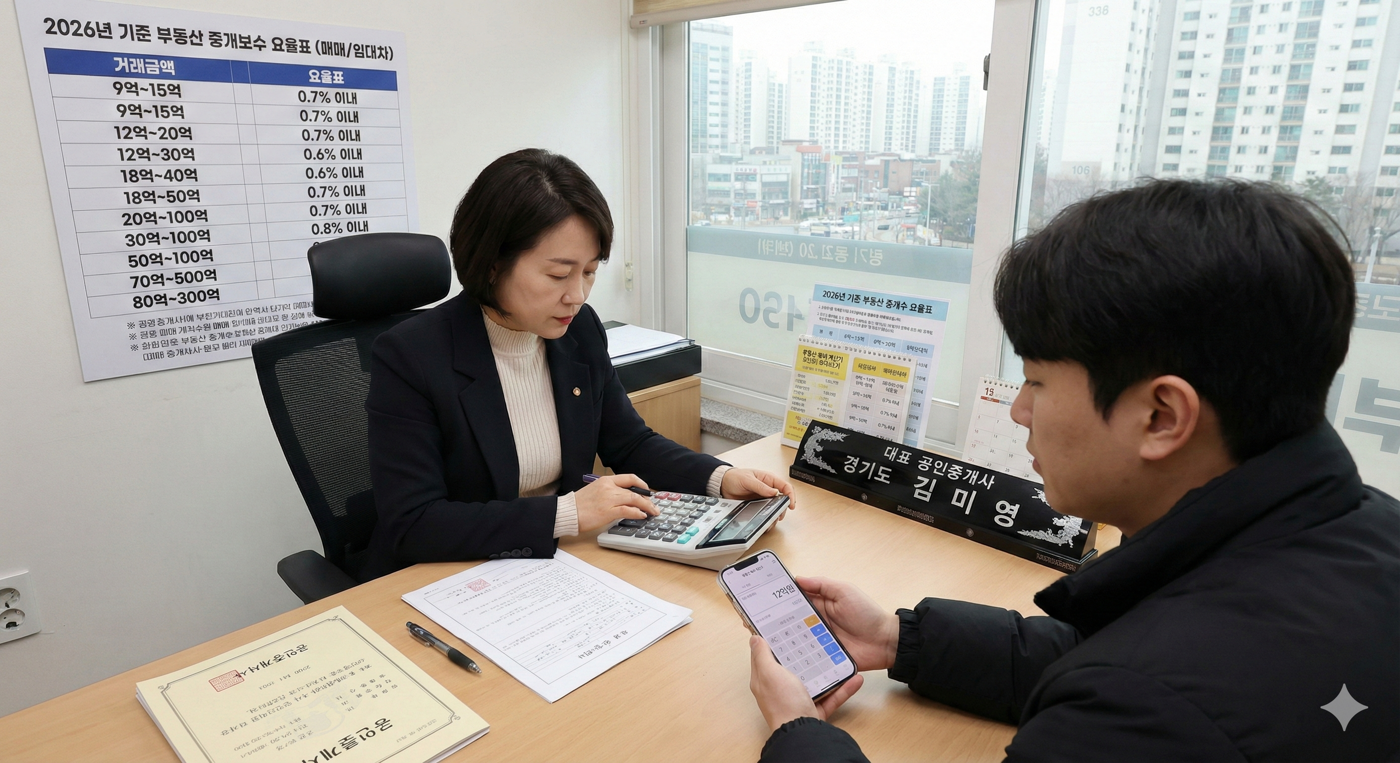 2026년 기준 부동산 중개수수료 요율표와 계산기를 활용해 복비를 산출하는 모습
