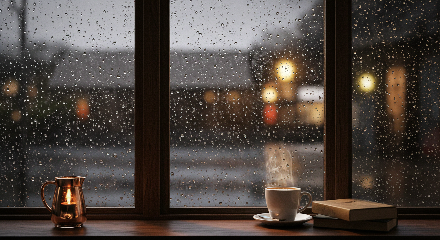 비 오는 날, 창가에 놓인 커피잔과 그 너머로 보이는 비 내리는 풍경