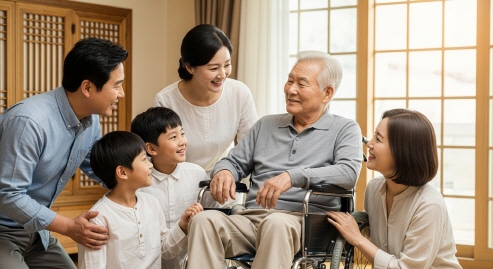 방문한 가족들과 노인이 즐거워하고 있다