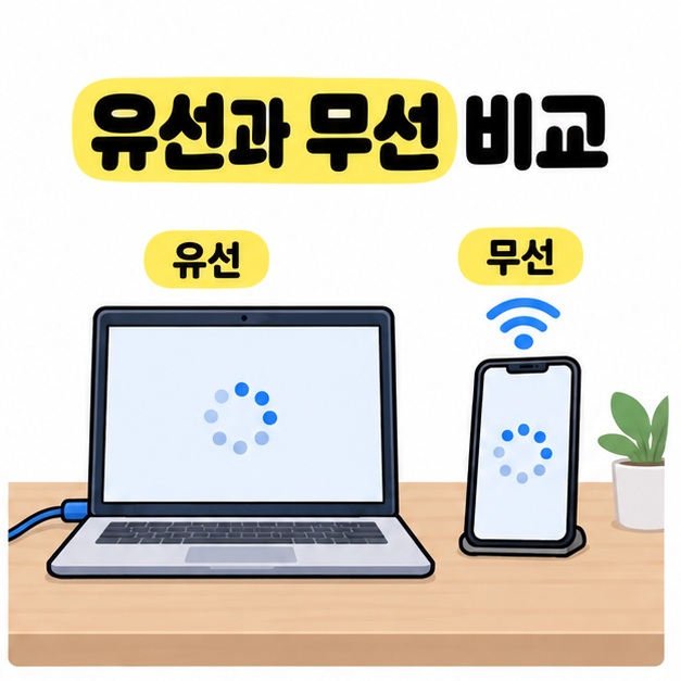 유선과 무선 비교 제목 아래 랜 케이블을 연결한 노트북과 Wi-Fi 표시가 있는 휴대전화가 나란히 놓이고 두 화면에 측정 중 표시가 나타난 모습