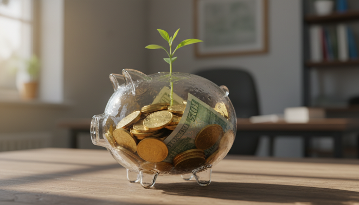 동전 더미에서 돋아나는 새싹을 통해 표현한 연금 자산의 성장과 복리 효과