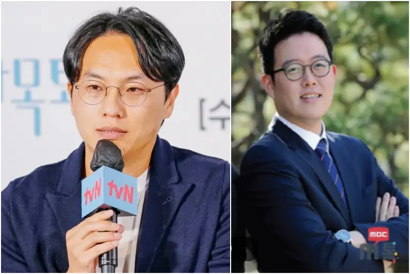 파랑 자켓을 입고 인터뷰중인 남성우 PD와 정장양복을 입고 안경을 쓴 노영섭 PD