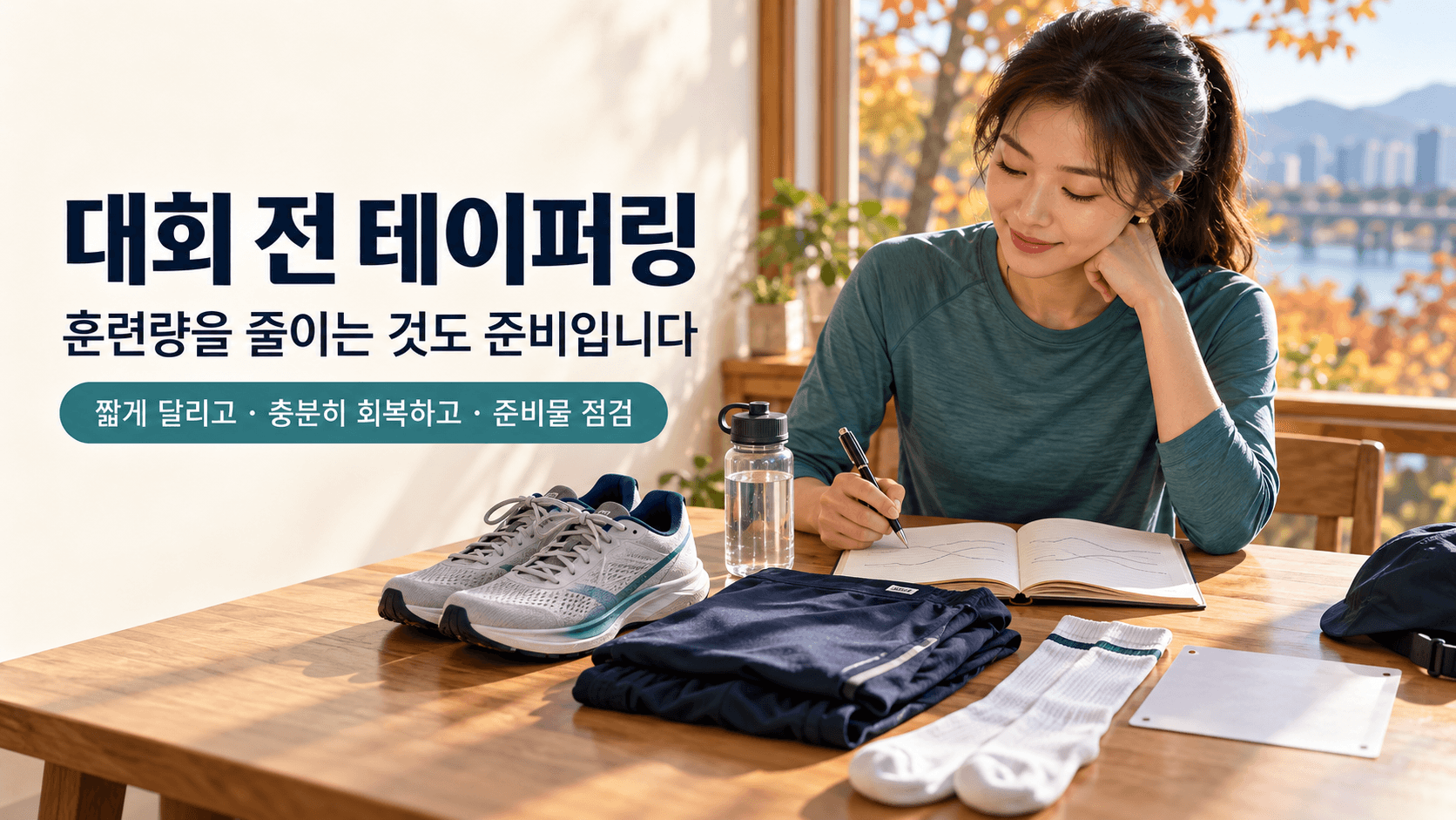 러닝화와 운동복, 양말을 준비해 놓고 훈련일지를 살펴보는 러너와 &lsquo;대회 전 테이퍼링, 훈련량을 줄이는 것도 준비입니다&rsquo;라는 안내 문구