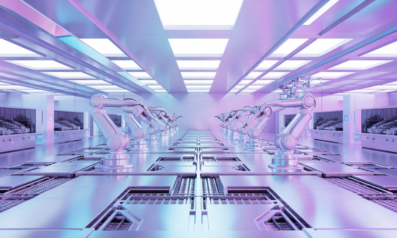 AI 반도체 제조 공정 자동화 라인과 로봇 팔을 보여주는 첨단 팹 시설