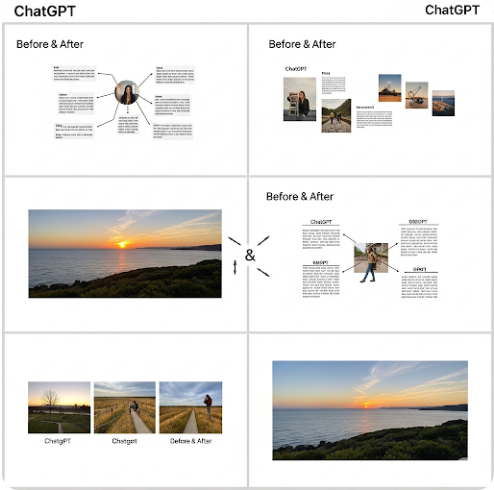 "ChatGPT가 PPT 디자인과 내용에 대한 다양한 질문에 답변하는 인터페이스 화면. 옆에는 'Before &amp; After'처럼, ChatGPT 활용 전의 복잡하고 어려운 PPT 작업 과정과 활용 후의 쉽고 빠른 작업 과정이 시각적으로 대비되는 인포그래픽."