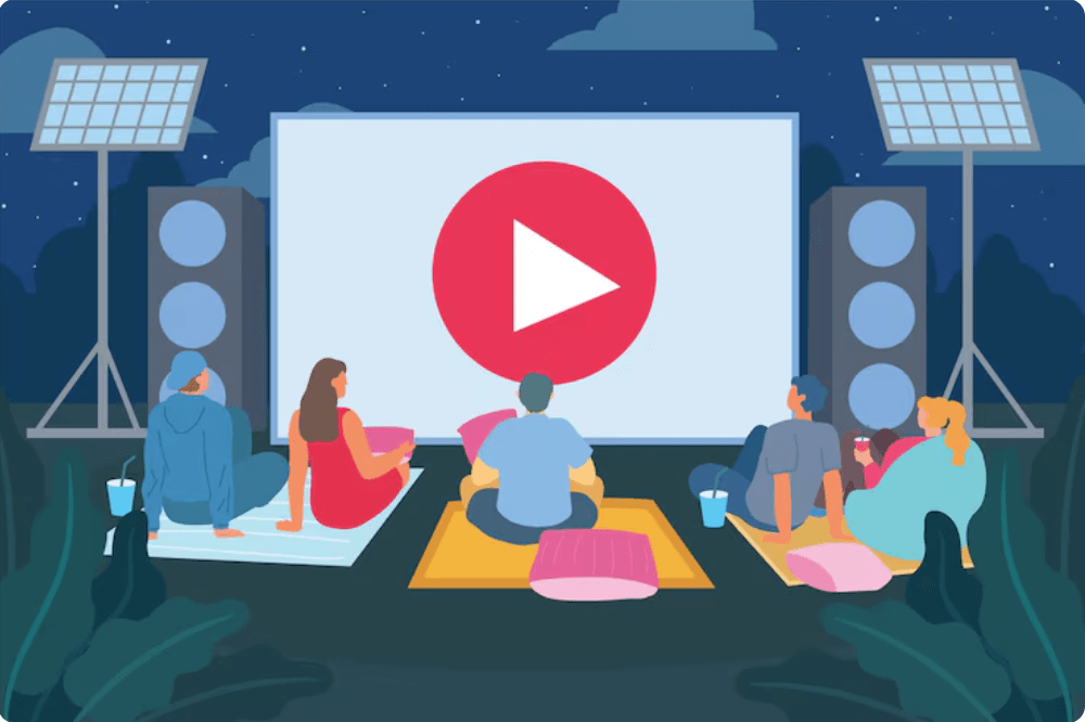 야외에서 스크린으로 영화 보는 모습