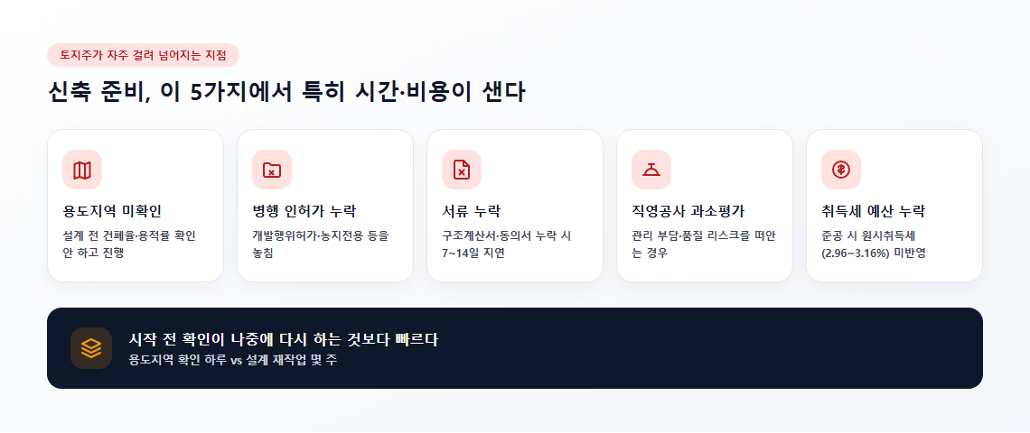 신축 준비 시 토지주가 자주 하는 실수 5가지 핵심 포인트 카드