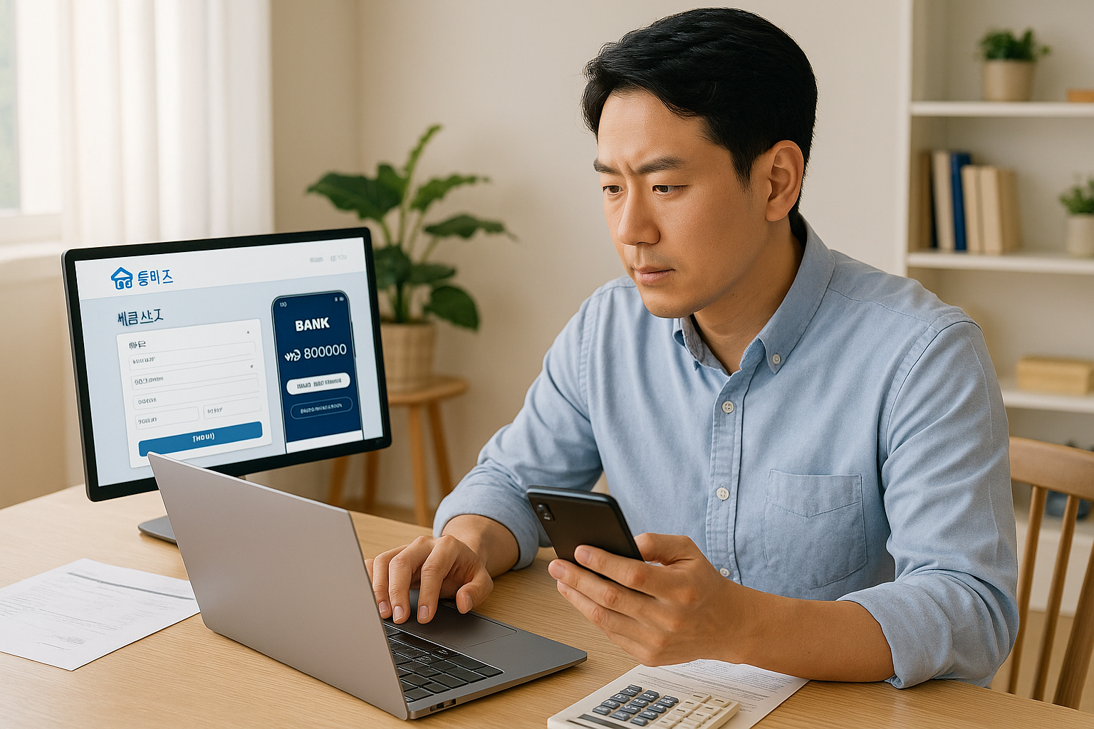 노트북 앞에서 홈택스와 은행 앱을 동시에 확인하며 세금 신고와 대출 준비하는 자영업자