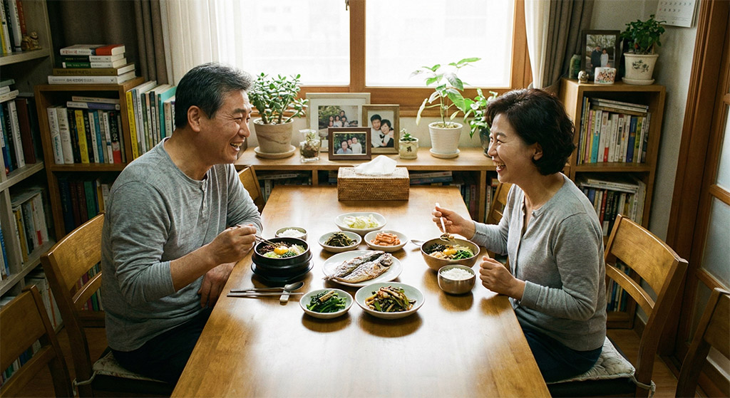 편안한 캐주얼 복장의 60대 한국 부부가 건강한 밥상을 마주하고 행복하게 웃으며 식사하는 모습. 따뜻하고 정겨운 가정집 분위기