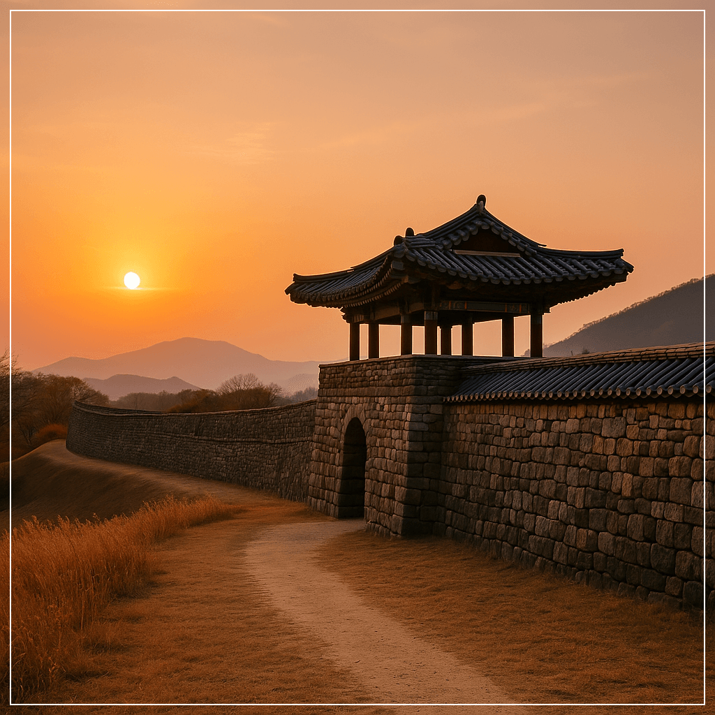 해질 무렵의 고창읍성 성곽과 누각 풍경