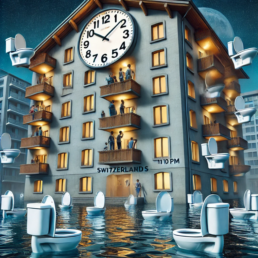 공중에 떠 있는 변기들을 보며 혼란스러워하는 사람들.