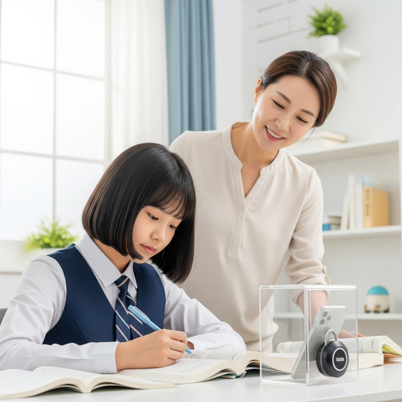 스마트폰을 금욕상자(핸드폰 잠금상자)에 넣고 집중해서 공부하는 여자 고등학생을 바라보고 있는 어머니