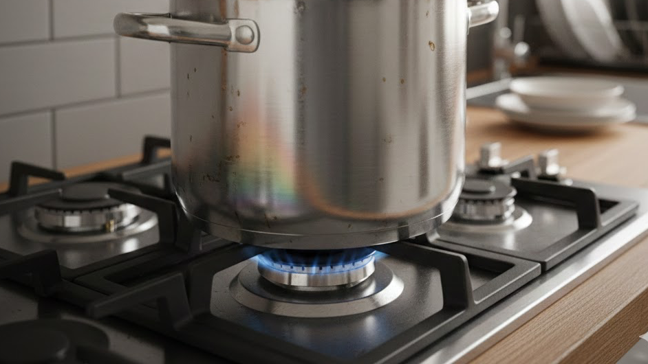 냄비를 가열하면서 무지개 얼룩 생기는 사진