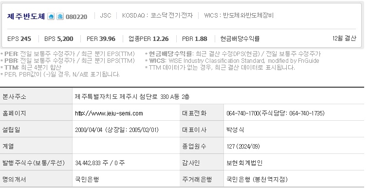 제주반도체 주가 기업개요 (0120)
