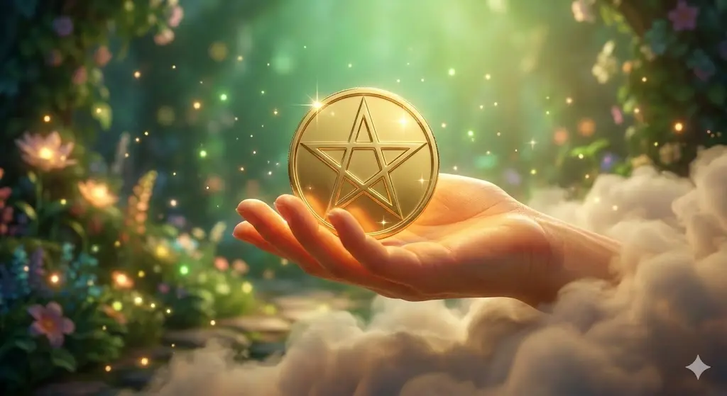 2026년 신규 정부지원금 입금 운을 상징하는 펜타클의 에이스 타로 카드 이미지. 구름 속 황금 코인을 든 손과 신비로운 정원 배경.