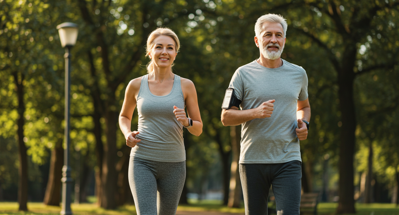 중년 여성과 남성이 아침에 조깅을 하고 있다