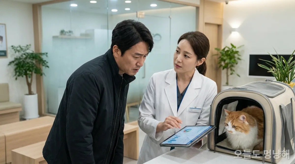 수의사가 태블릿으로 혈액 검사 결과를 설명하고 있는 한국인 집사와 고양이