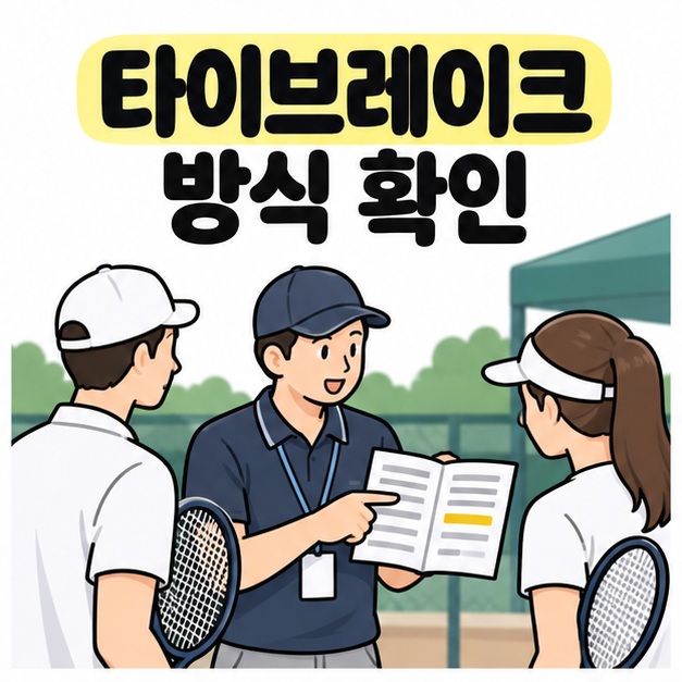 타이브레이크 방식 확인 문구 아래 진행 담당자가 펼친 안내서를 짚으며 라켓을 든 두 참가자에게 설명하는 모습