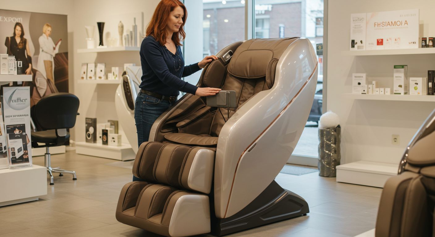 안마의자를 둘러보는 여자