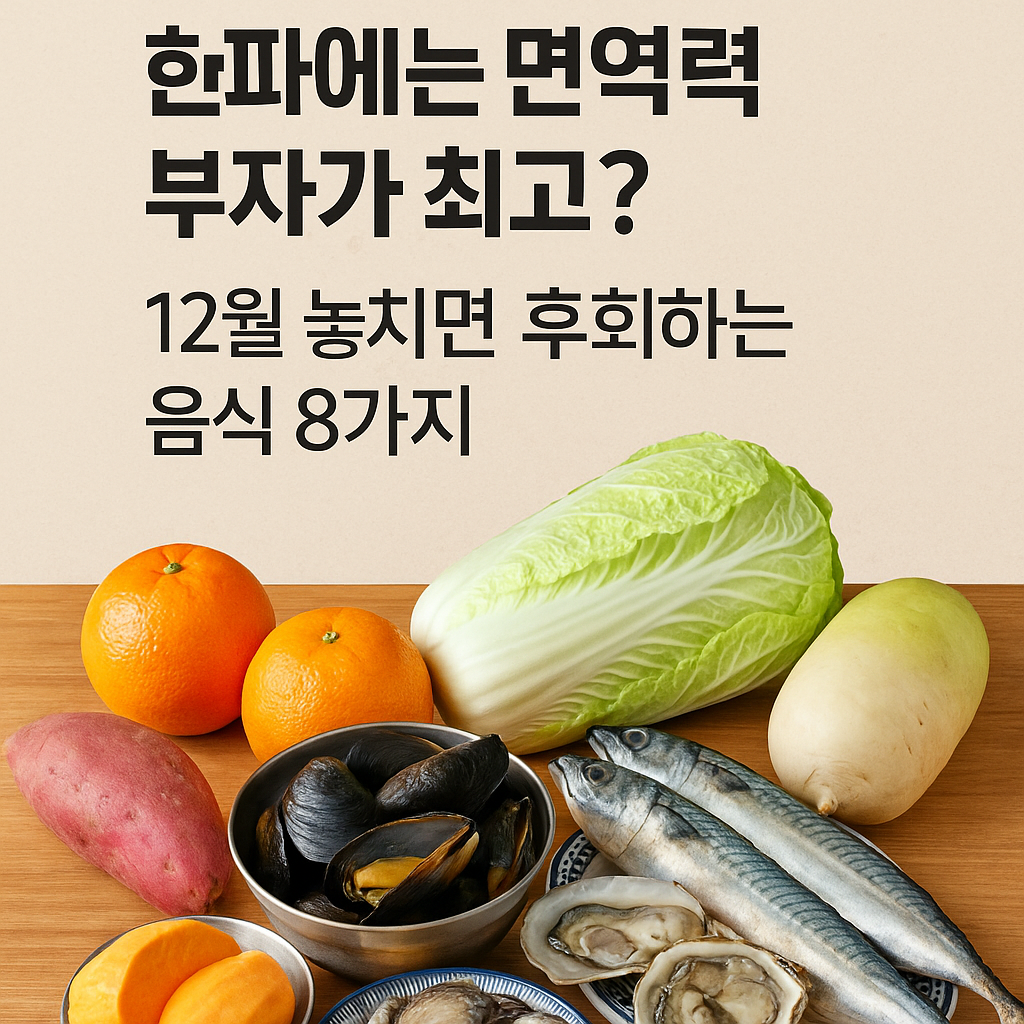 겨울철 면역력을 높여주는 제철 음식 8가지를 강조한 뉴스형 썸네일 이미지