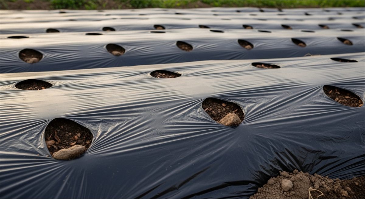 비닐피복 재배용 땅콩 두둑을 가까이에서 보여주는 장면 