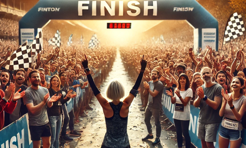 한 선수가 골인지점을 통과하면서 사람들의 환호에 응답하고 있다