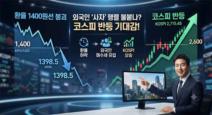 환율 하락과 코스피 반등 기대감을 나타내는 화면.