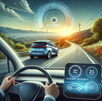 It shows an electric car driving smoothly on a scenic road, emphasizing efficient travel and eco-friendly driving techniques.