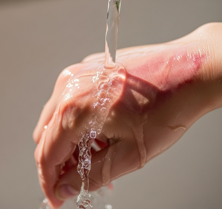 흐르는 찬물에 화상 부위를 식히는 모습