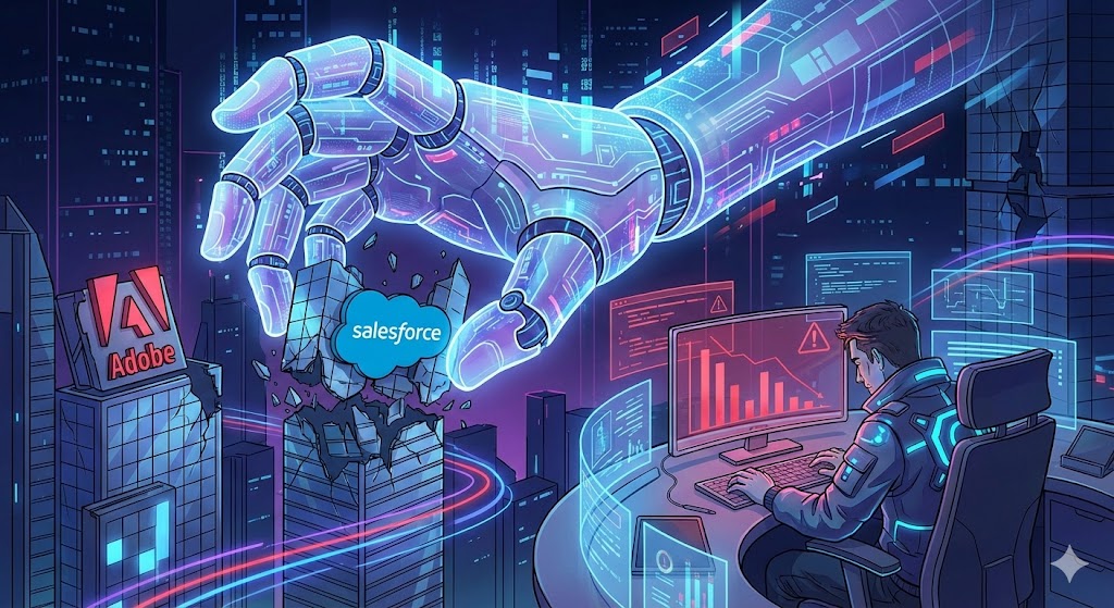 앤스로픽 AI의 등장으로 위기를 맞은 소프트웨어 기업과 하락하는 주가 그래프