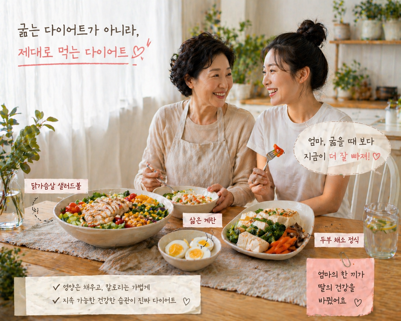 엄마와 성인 딸이 건강한 식단을 함께 먹으며 다이어트 변화에 대해 웃으며 대화하는 따뜻한 식탁 장면