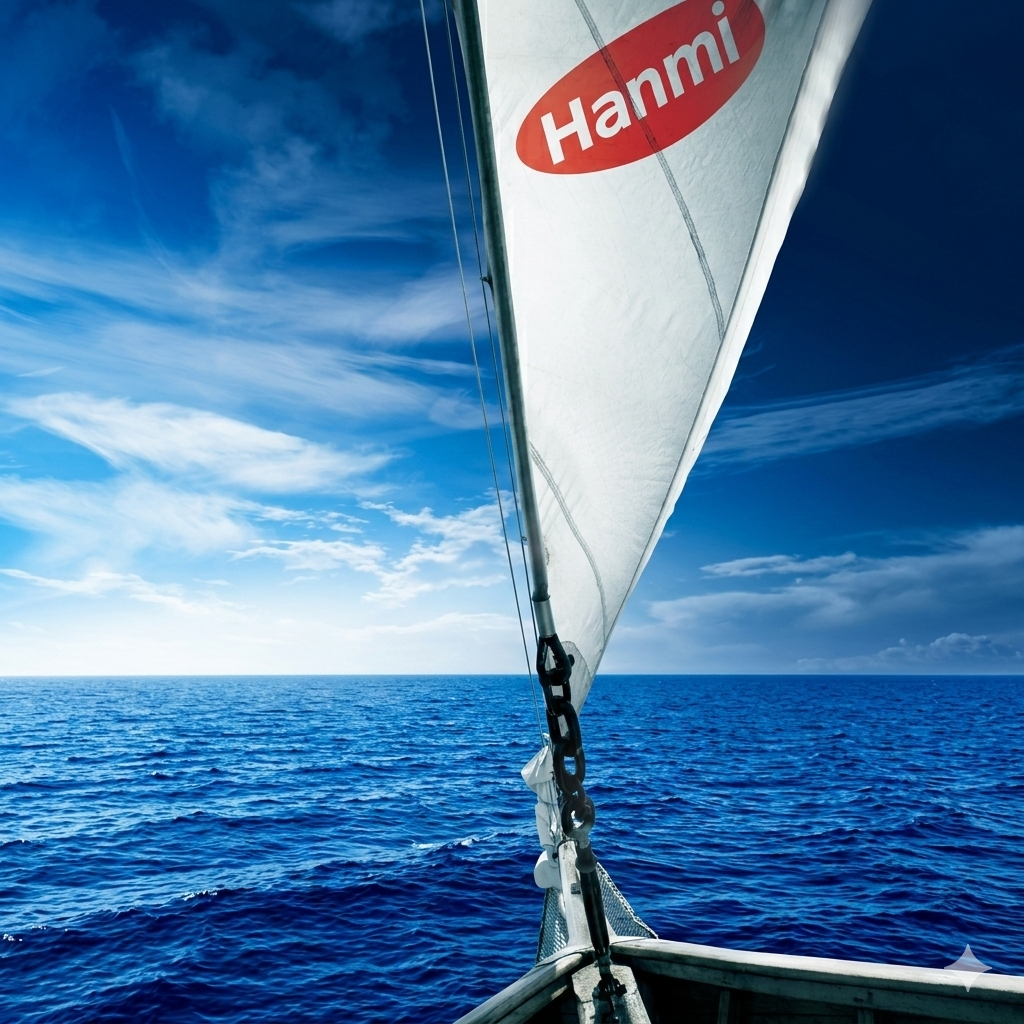파란 바다 위를 항해하는 돛단배의 흰 돛에 한미(Hanmi) 로고가 선명하게 새겨진 모습의 썸네일 이미지입니다.