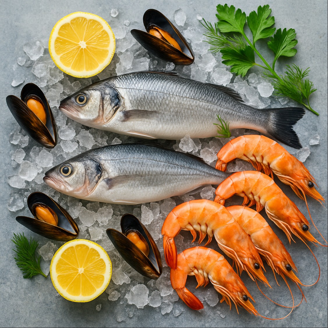 해산물 비린내 걱정을 줄여주는 얼음 위 신선한 생선과 새우, 홍합, 레몬과 허브를 올린 상단 뷰 이미지