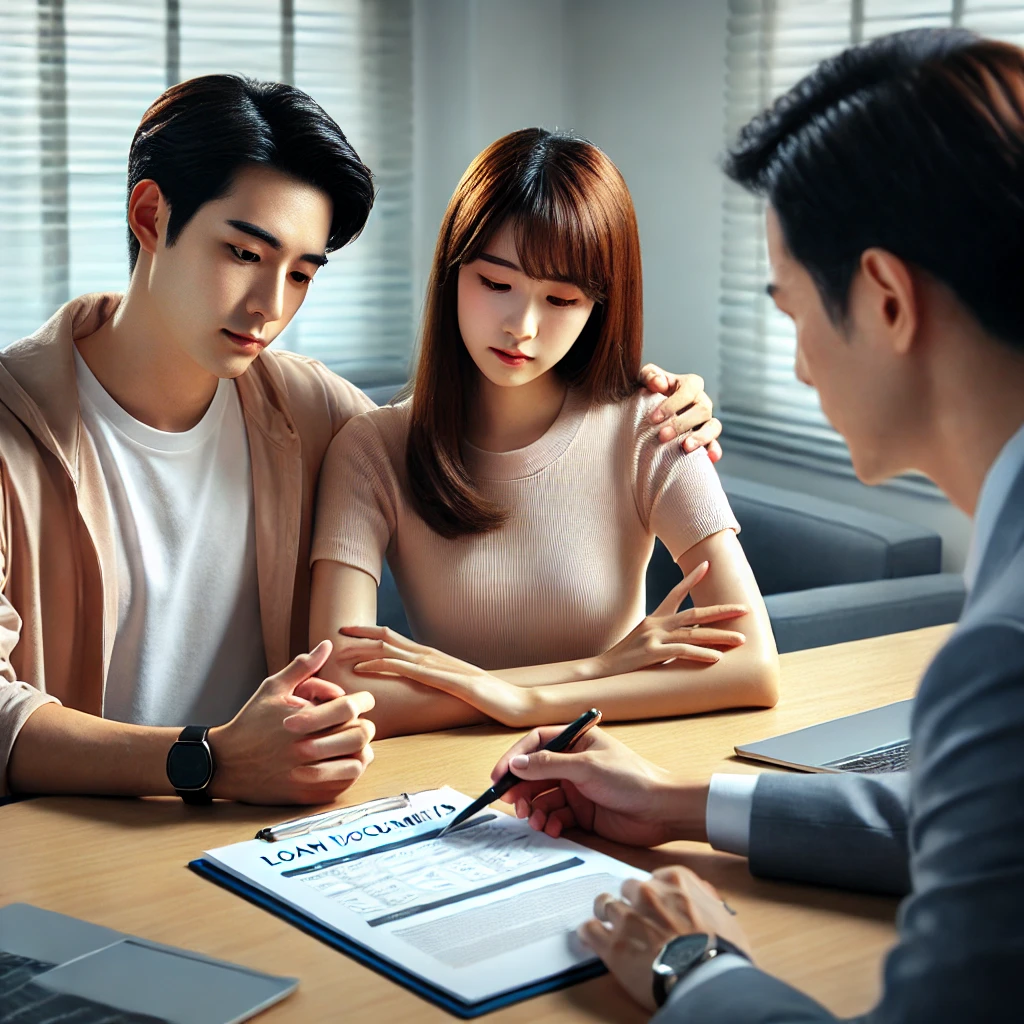 금융 상담가와 함께 대출 서류를 검토하는 한국인 부부 