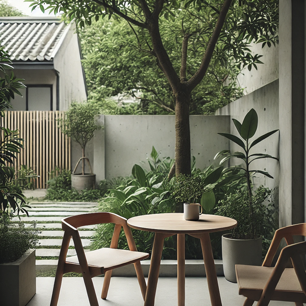 "미니멀한 야외 마당, 작은 나무 테이블과 두 개의 간단한 의자가 놓여 있으며, 주변에는 푸른 식물이 조화를 이루고 있는 평온한 공간"