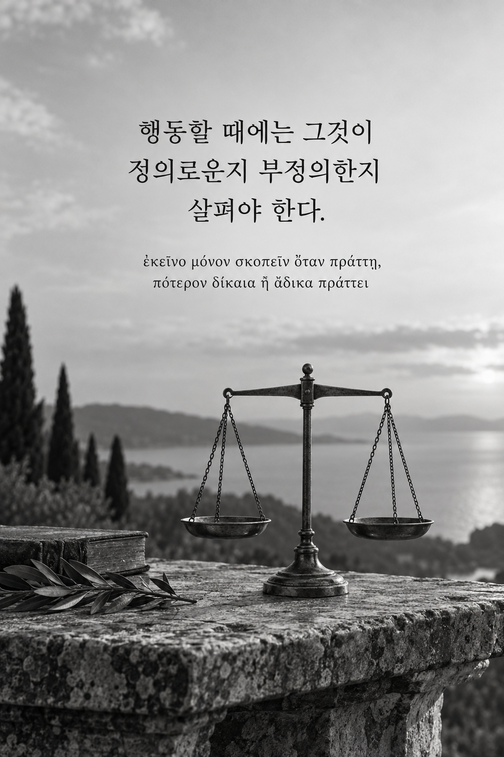 소크라테스 명언 5 &mdash; 행동할 때에는 그것이 정의로운지 부정의한지 살펴야 한다. &mdash; 돌 탁자 위 수평을 이룬 저울
