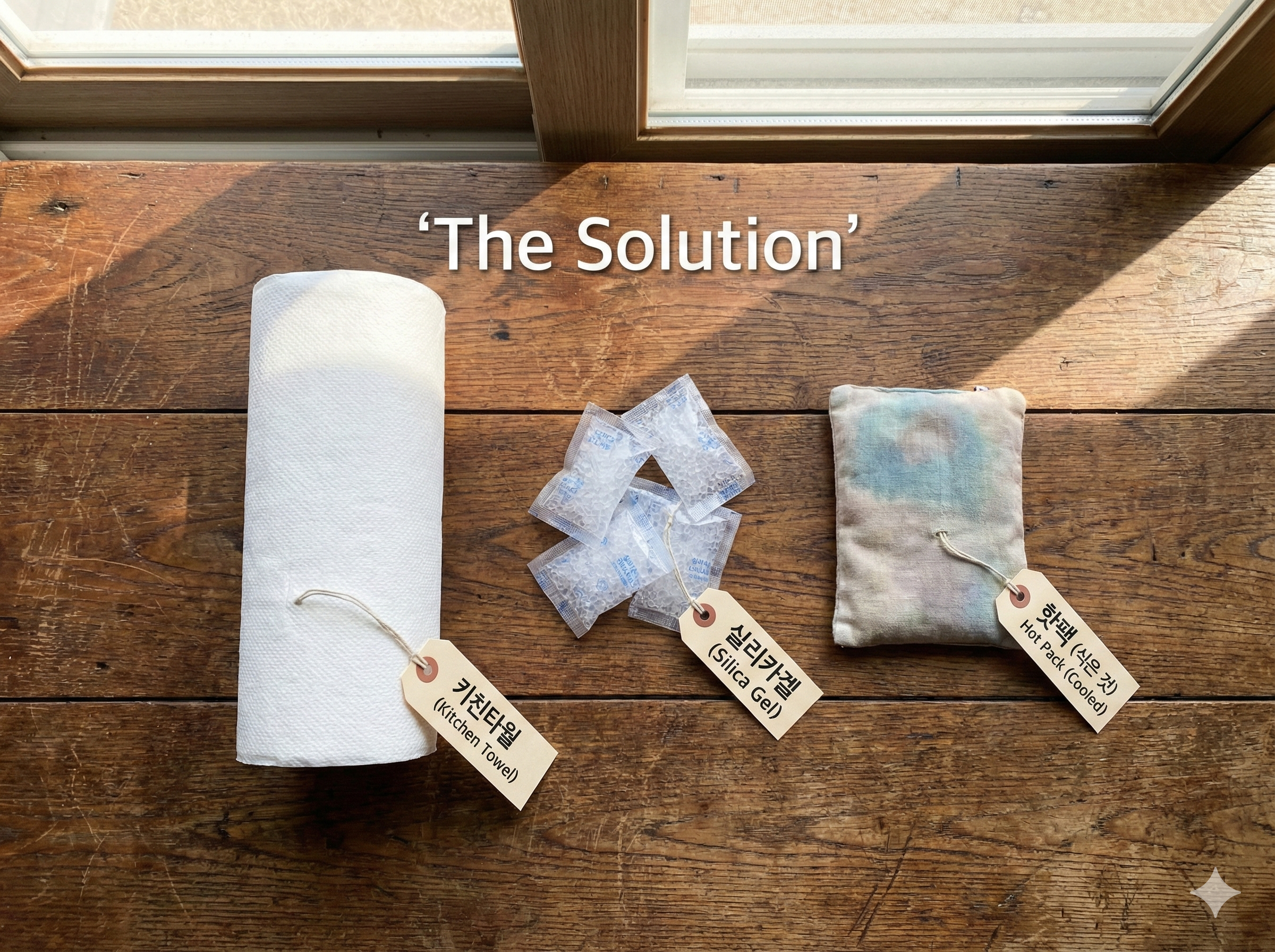 어그부츠 습기 제거를 위한 키친타월, 실리카겔, 다 쓴 핫팩 준비물 사진