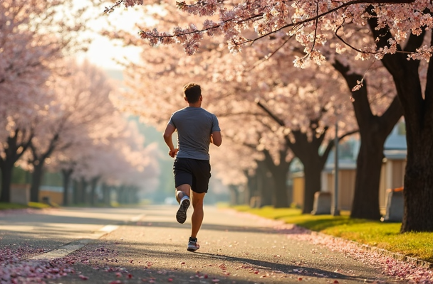 벚꽃길은 남자가 달리고 있다.