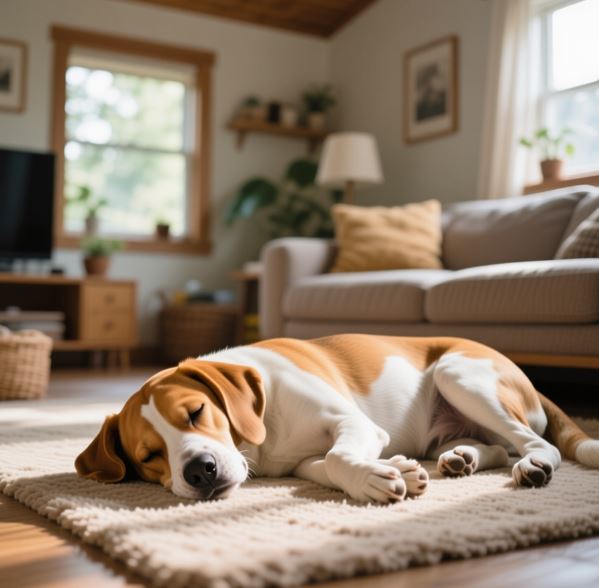 거실 매드 위에서 편하게 누워 자는 강아지의 모습