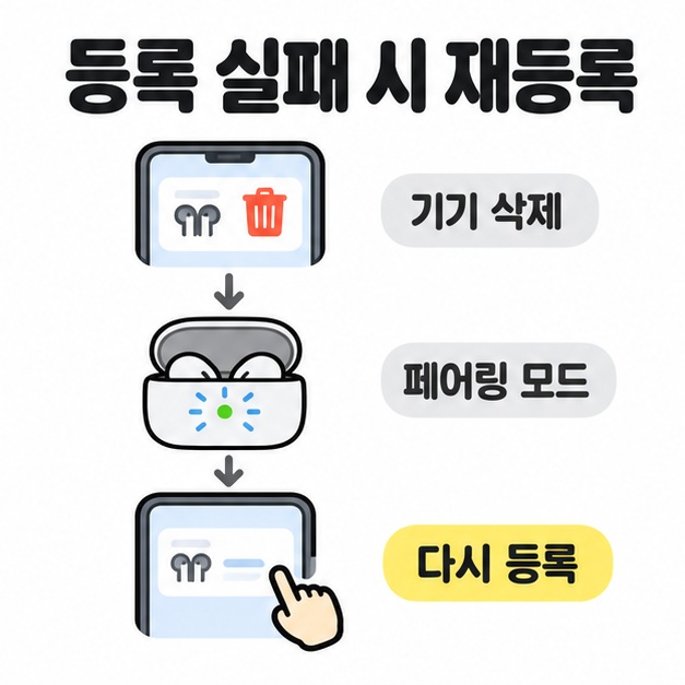 휴대폰의 기기 삭제에서 이어폰 페어링 모드를 거쳐 목록에서 다시 등록하는 과정으로 이어지는 세로 흐름도