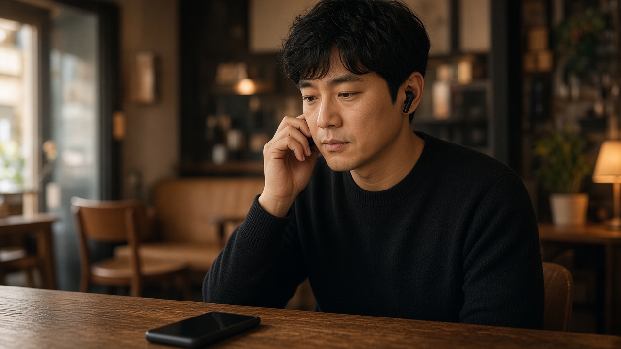 카페에서 귀에 건 클립형 이어폰 뒷면을 눌러 음성 메모를 남기는 한국인 30대 남성