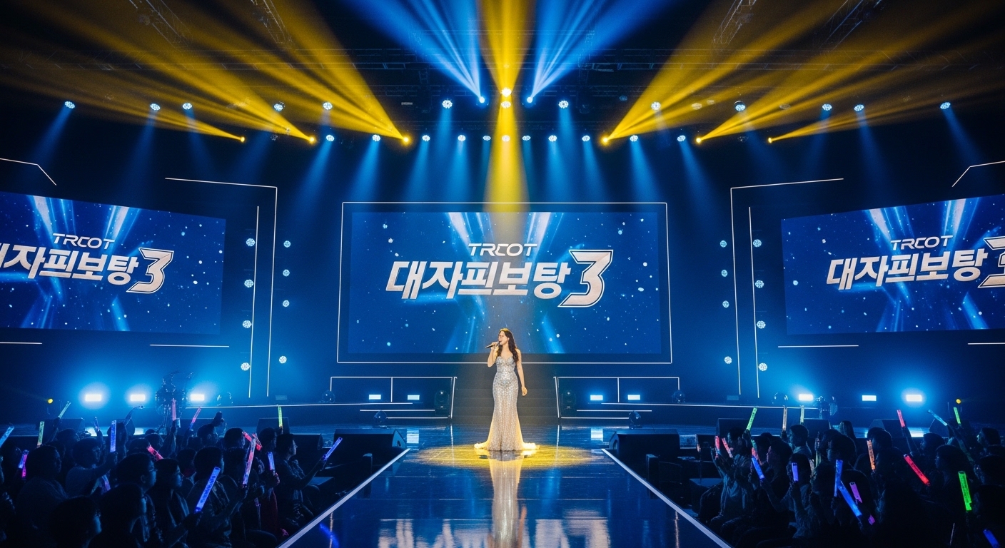 현역가왕3 최종 무대에서 열창하는 가수와 열광하는 관객들의 모습. 화려한 조명과 쇼 로고가 배경에 보인다.