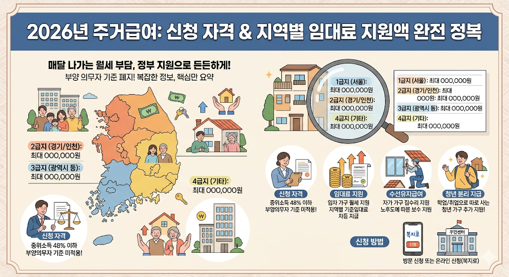 2026년 주거급여 신청 자격과 지역별 임대료 지원 내용을 안내하는 인포그래픽