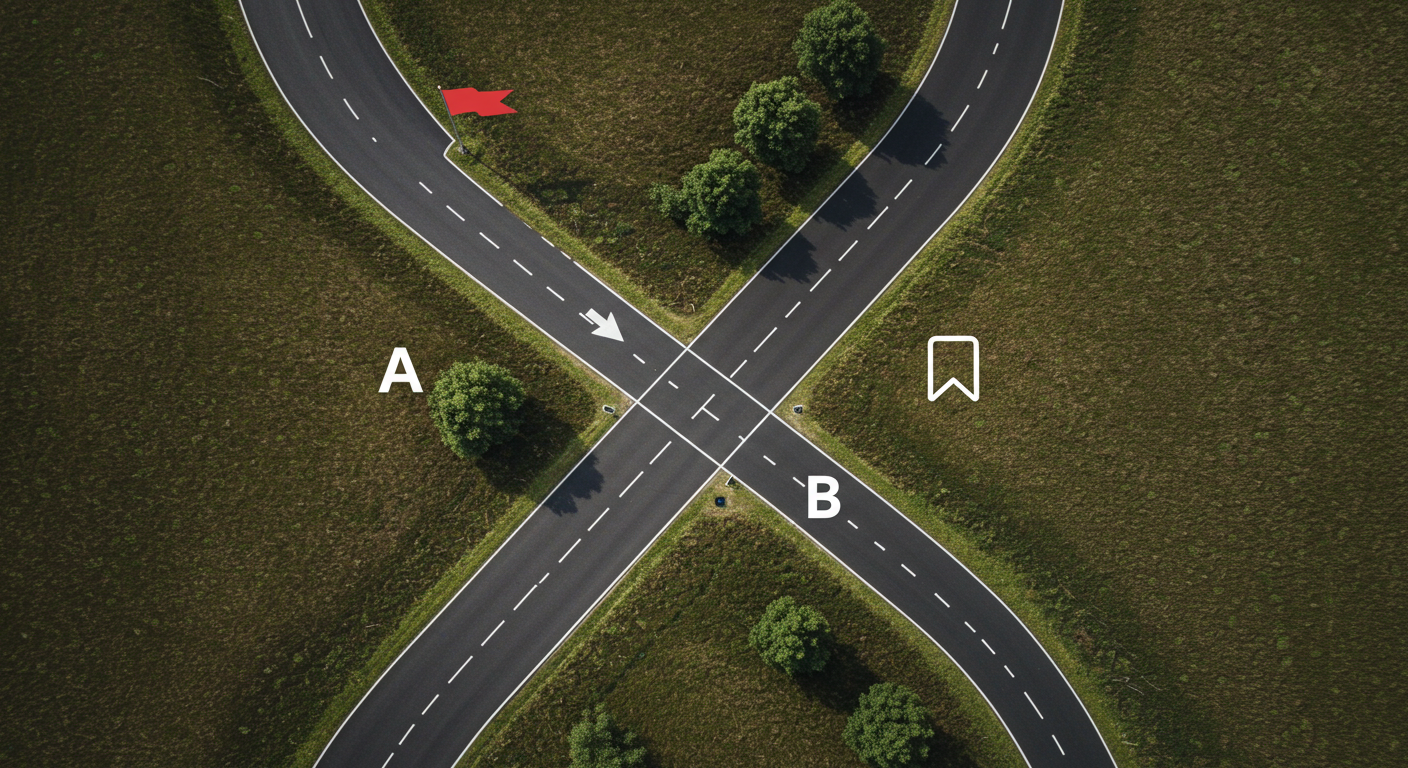 하나의 출발선에서 갈라지는 두 개의 길: 낙관 서사는 깃발 아이콘(확산)으로, 중립 서사는 책갈피 아이콘(축적)으로 이어지는 상징적 경로 이미지