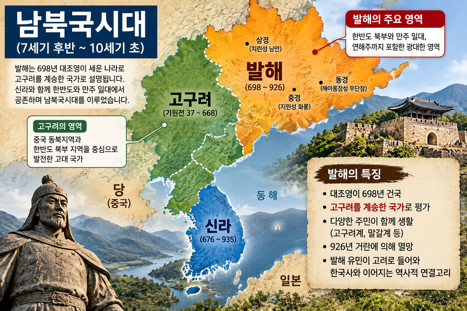 발해 건국 698년부터 멸망 926년까지의 역사와 고구려 계승 관계를 설명하는 남북국시대 발해 신라 영역 개념도