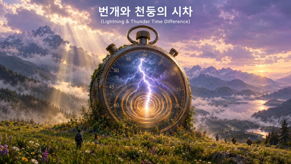 황혼의 풀밭에서 거대한 디지털 스톱워치가 솟아오른 가운데 번개의 섬광과 천둥의 충격파가 동심원으로 퍼져나가는 초현실 조경으로 빛과 소리의 시차 현상을 상징적으로 시각화한 이미지