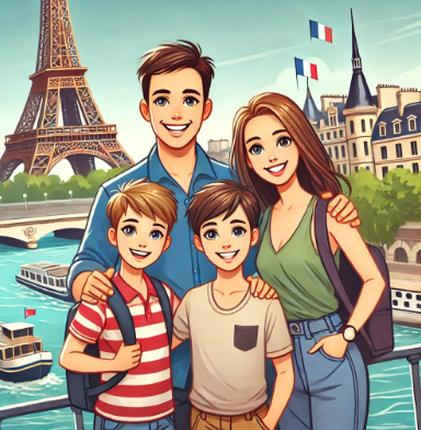 파리여행하는 4인 가족 모습