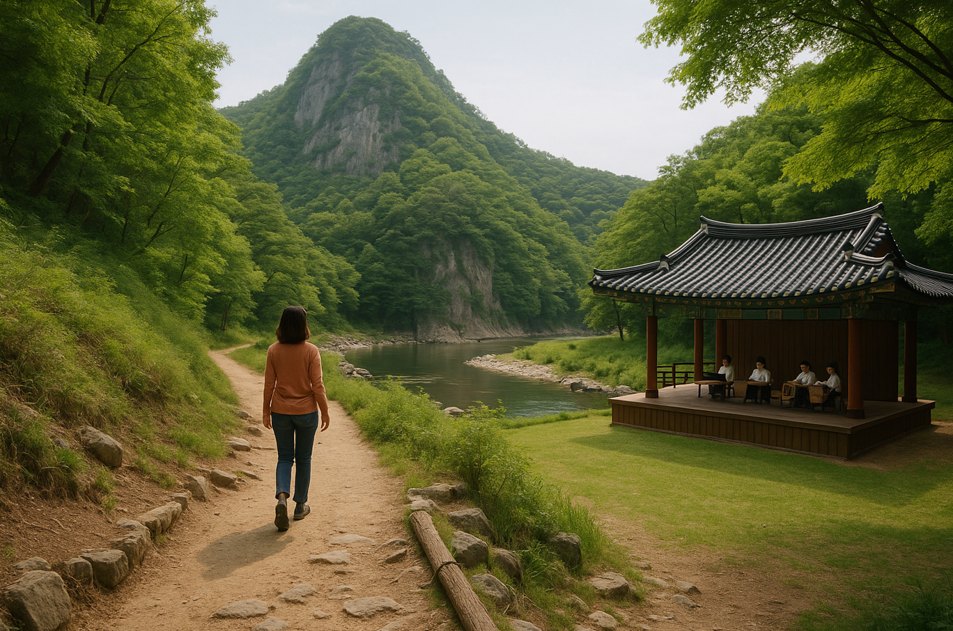 월류봉 트레킹을 하고있는 중년 여성사진