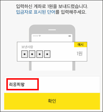 입금자 명의 입력 화면