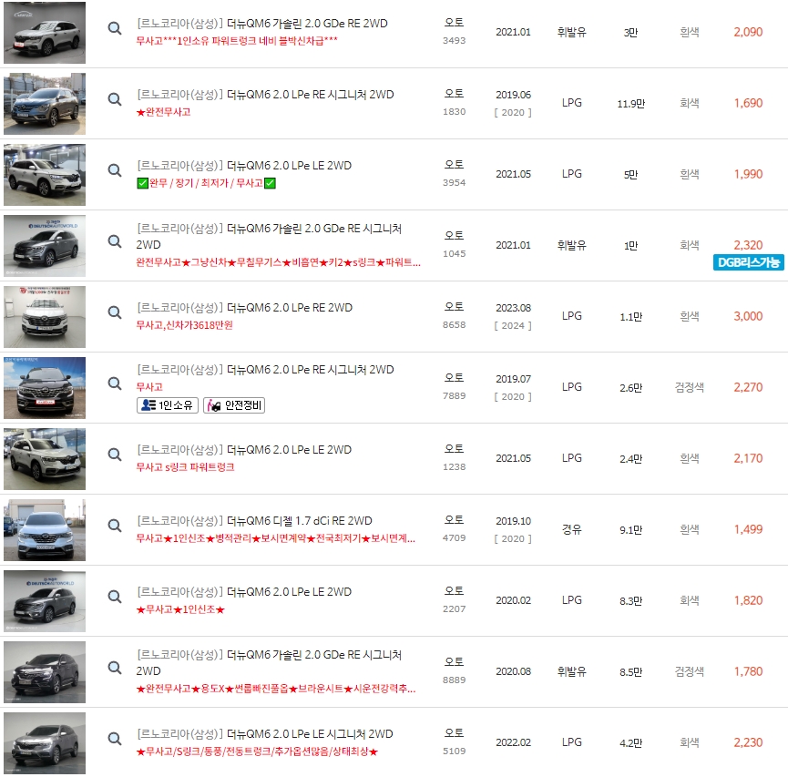 더 뉴 QM6 중고차 시세 : 1,130만원~2,980만원